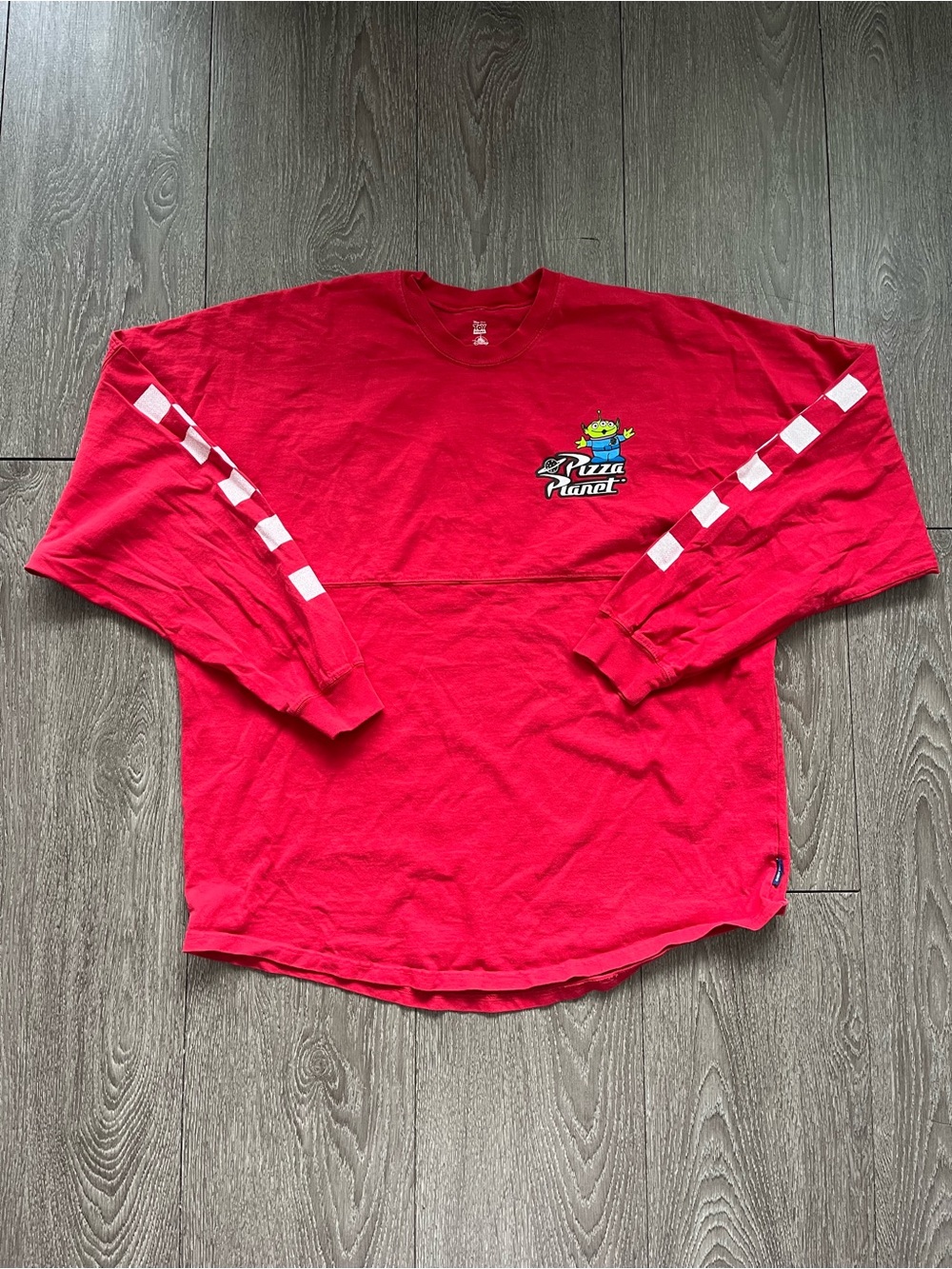 Disney Pizza Planet Red Spirit Jersey Long-Sleeve Tee with White Sleeve Check